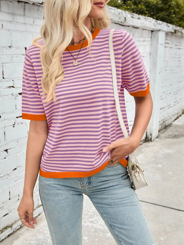 Lovelet Striped Contrast Round Neck Half Sleeve Knit Top Trendsi Hanalas