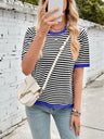 Lovelet Striped Contrast Round Neck Half Sleeve Knit Top Trendsi Hanalas