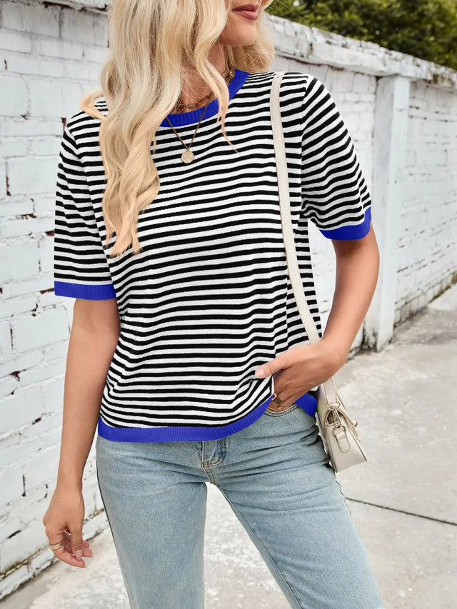 Lovelet Striped Contrast Round Neck Half Sleeve Knit Top Trendsi Hanalas