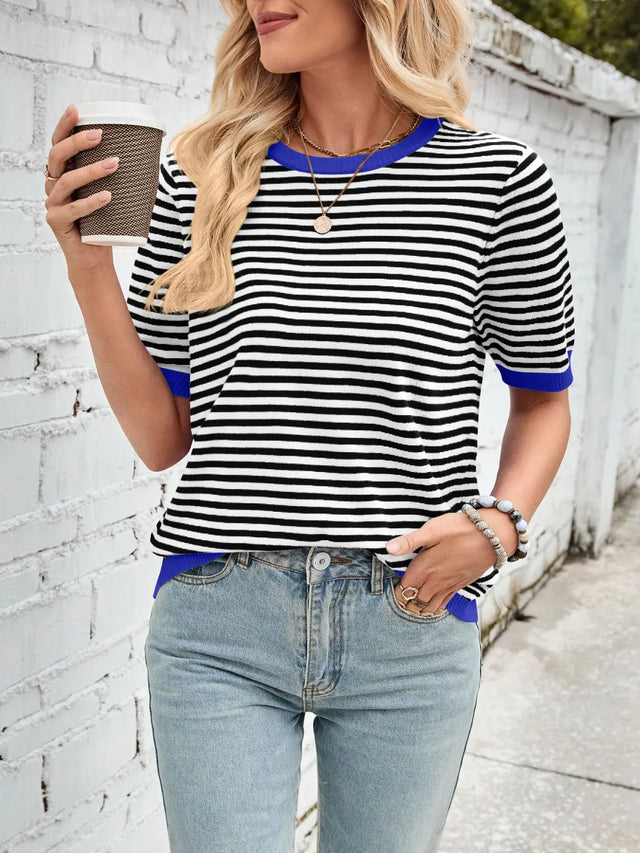 Lovelet Striped Contrast Round Neck Half Sleeve Knit Top Trendsi Hanalas