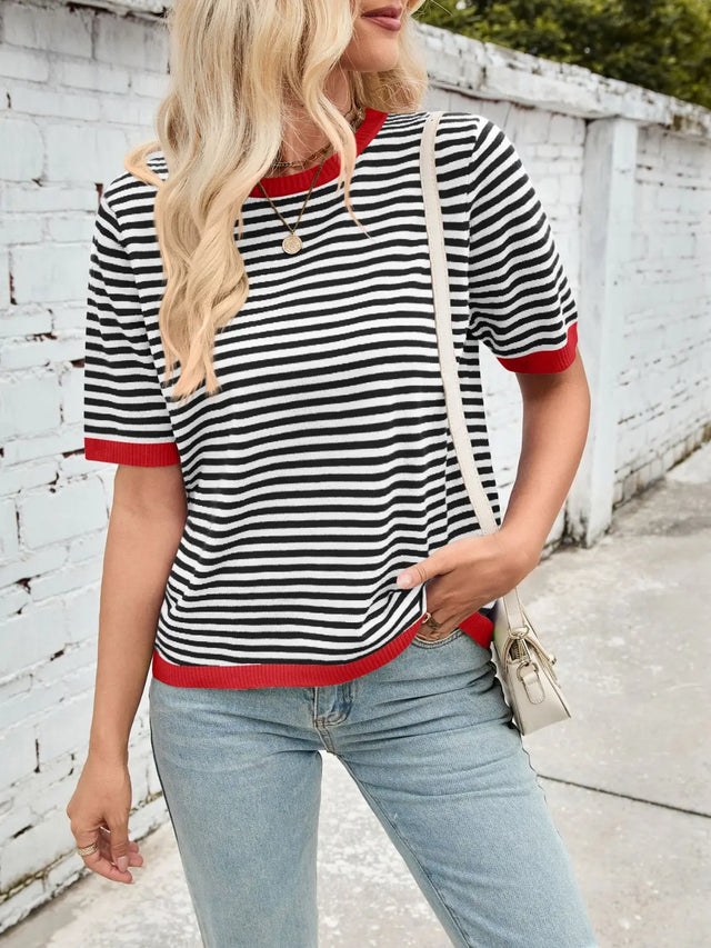 Lovelet Striped Contrast Round Neck Half Sleeve Knit Top Trendsi Hanalas