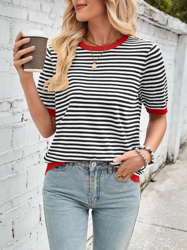 Lovelet Striped Contrast Round Neck Half Sleeve Knit Top Trendsi Hanalas