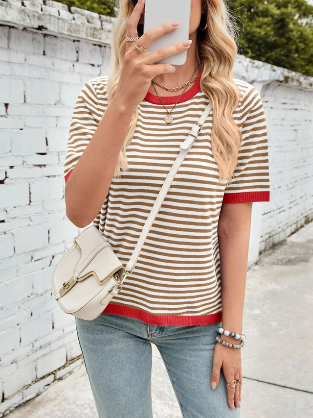 Lovelet Striped Contrast Round Neck Half Sleeve Knit Top Trendsi Hanalas