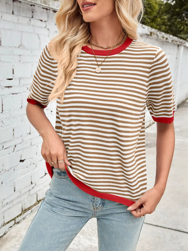 Lovelet Striped Contrast Round Neck Half Sleeve Knit Top Trendsi Hanalas