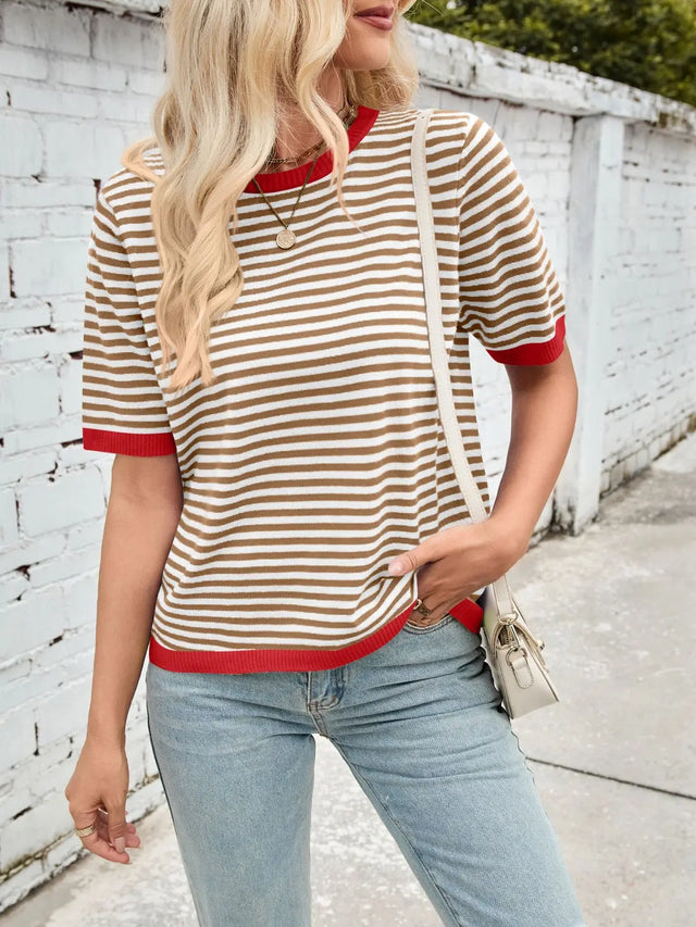 Lovelet Striped Contrast Round Neck Half Sleeve Knit Top Trendsi Hanalas