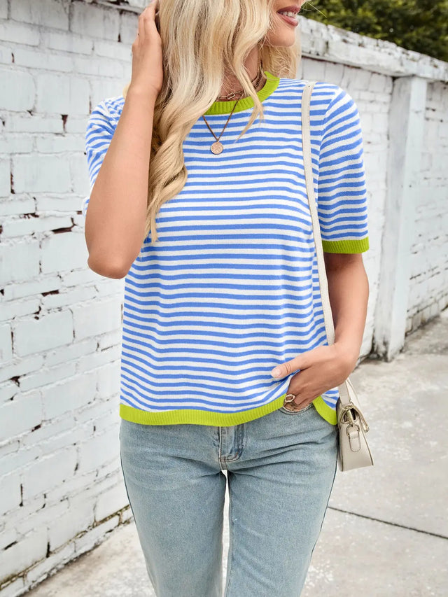 Lovelet Striped Contrast Round Neck Half Sleeve Knit Top Trendsi Hanalas