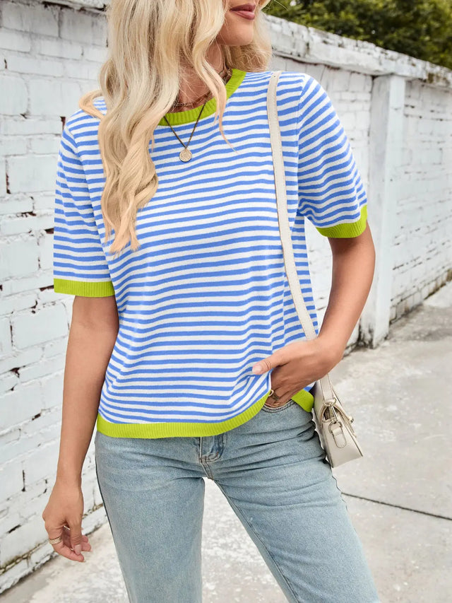 Lovelet Striped Contrast Round Neck Half Sleeve Knit Top Trendsi Hanalas