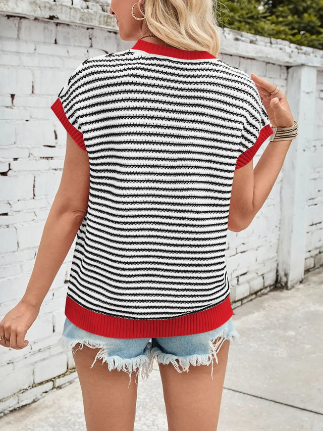 Lovelet Striped Round Neck Cap Sleeve Sweater Trendsi Hanalas