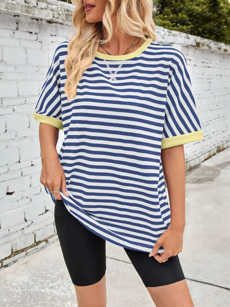 Lovelet Striped Round Neck Half Sleeve T-Shirt Trendsi Hanalas