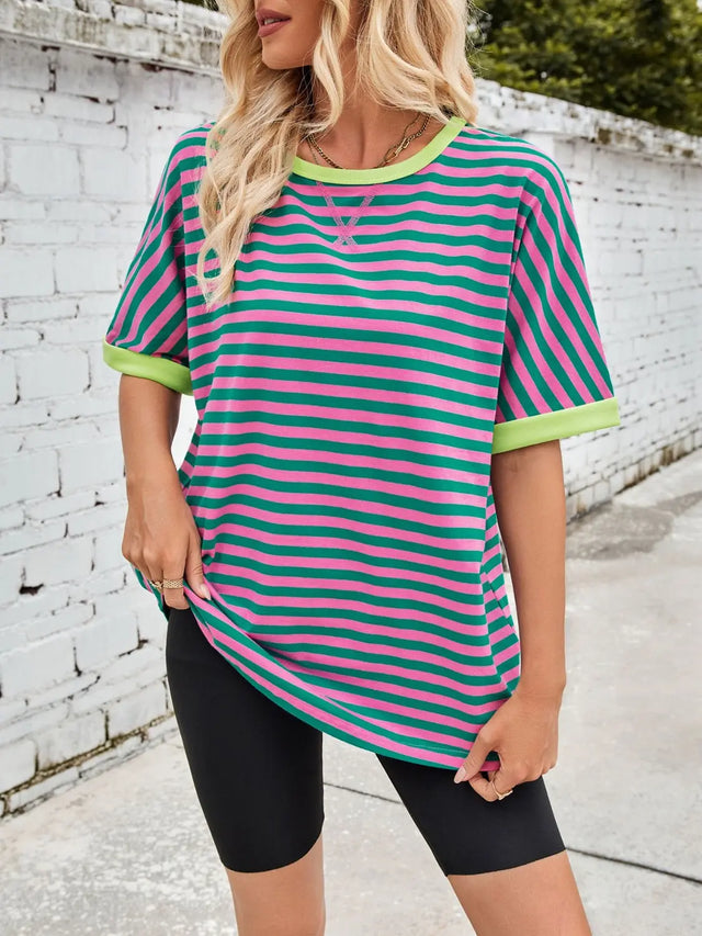 Lovelet Striped Round Neck Half Sleeve T-Shirt Trendsi Hanalas