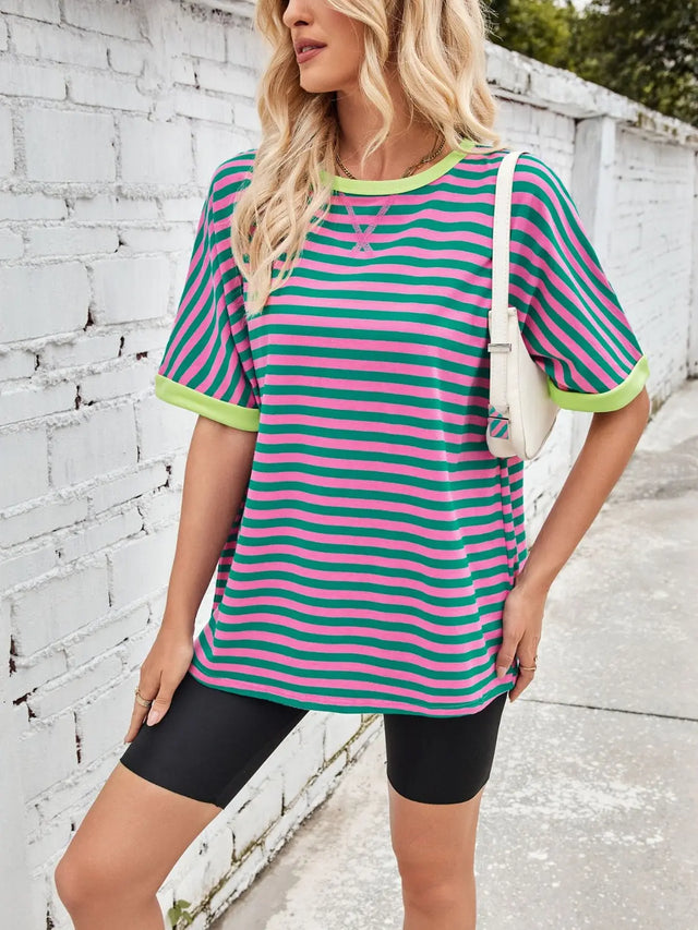 Lovelet Striped Round Neck Half Sleeve T-Shirt Trendsi Hanalas