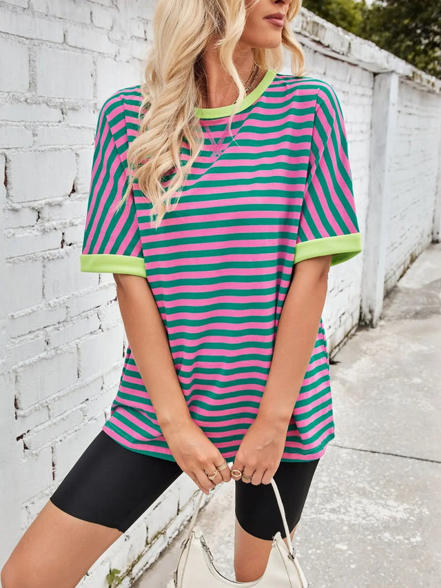 Lovelet Striped Round Neck Half Sleeve T-Shirt Trendsi Hanalas