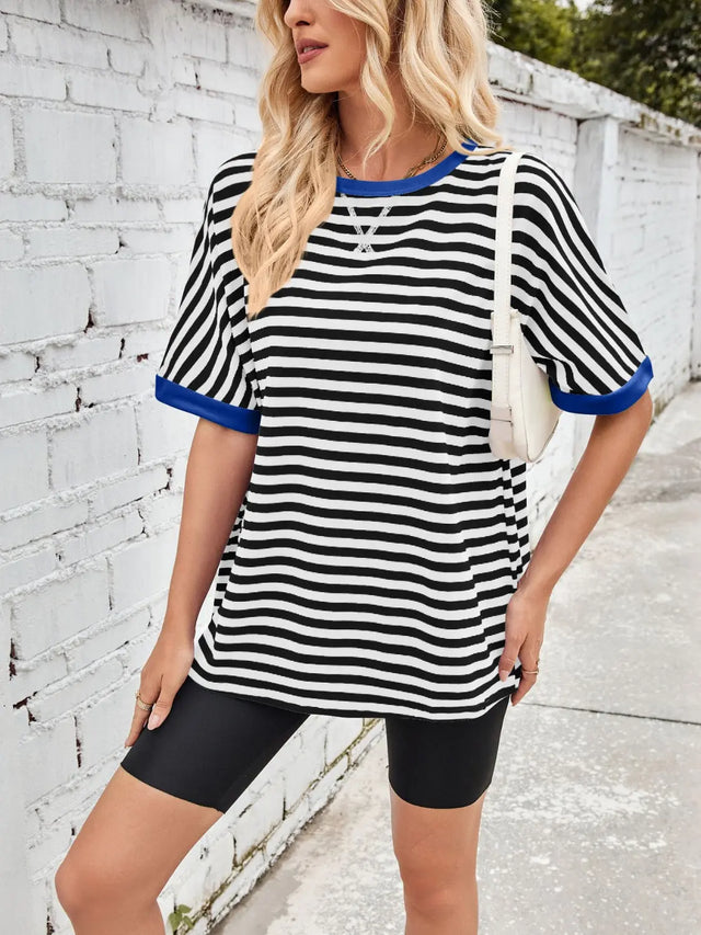 Lovelet Striped Round Neck Half Sleeve T-Shirt Trendsi Hanalas