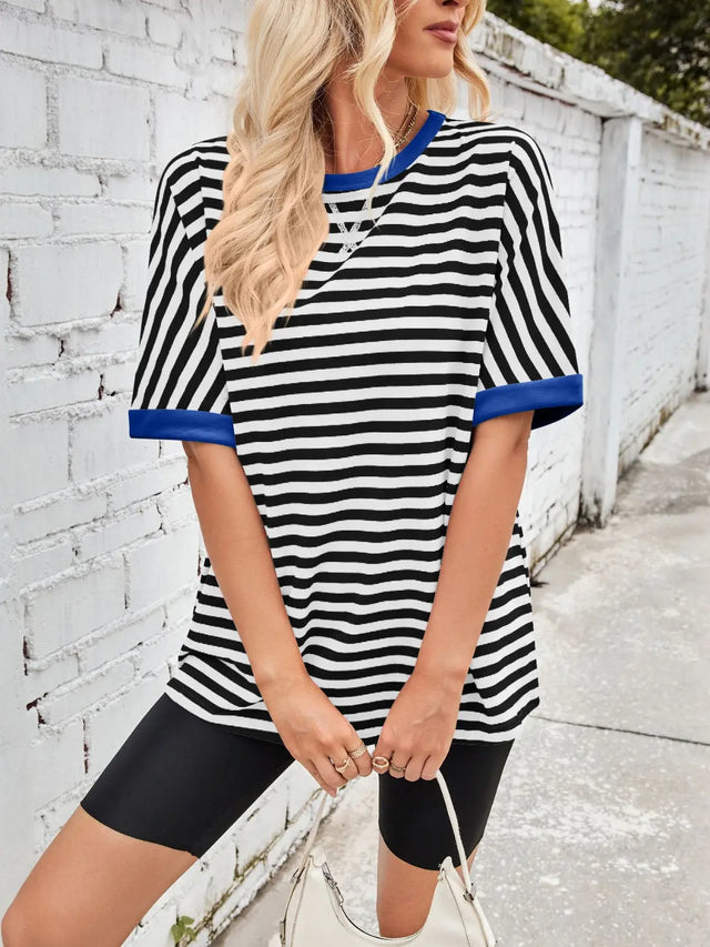 Lovelet Striped Round Neck Half Sleeve T-Shirt Trendsi Hanalas