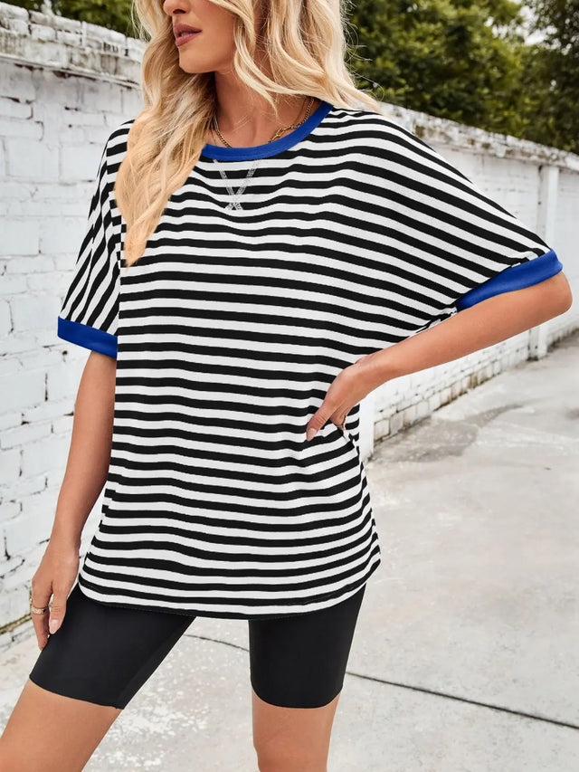 Lovelet Striped Round Neck Half Sleeve T-Shirt Trendsi Hanalas