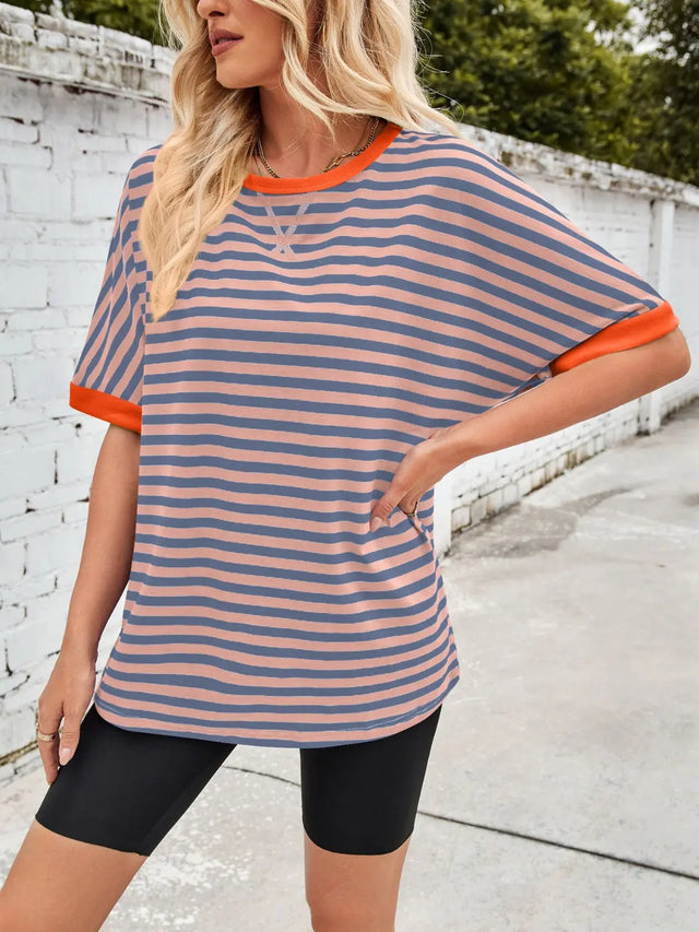 Lovelet Striped Round Neck Half Sleeve T-Shirt Trendsi Hanalas