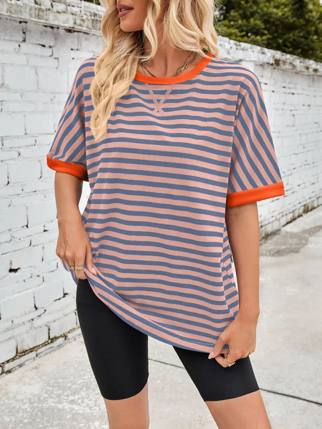 Lovelet Striped Round Neck Half Sleeve T-Shirt Trendsi Hanalas