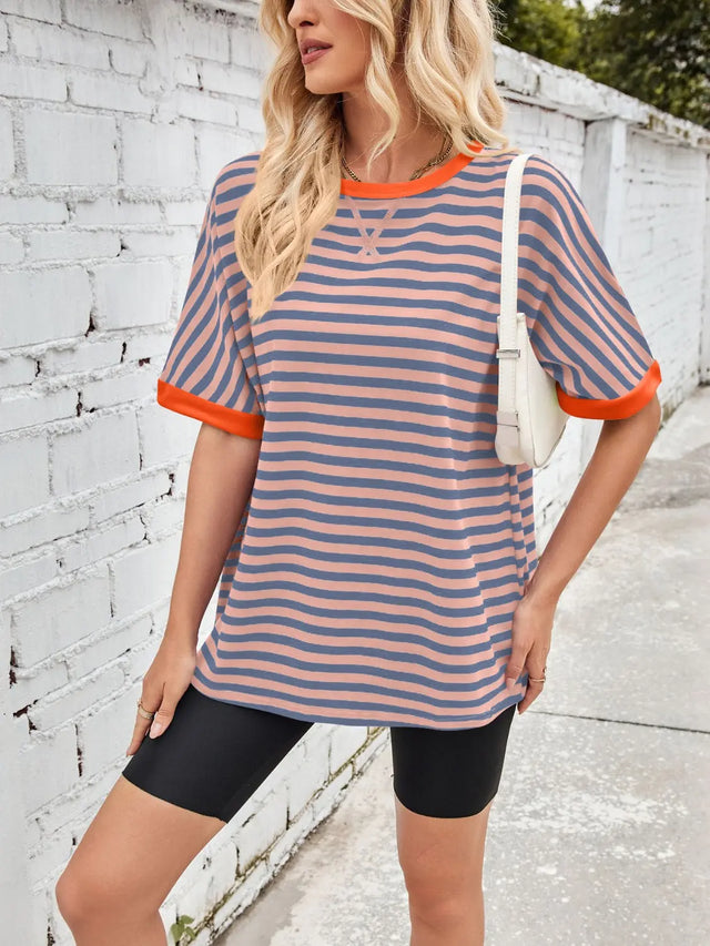 Lovelet Striped Round Neck Half Sleeve T-Shirt Trendsi Hanalas