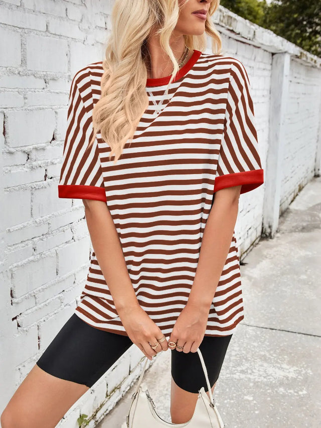 Lovelet Striped Round Neck Half Sleeve T-Shirt Trendsi Hanalas