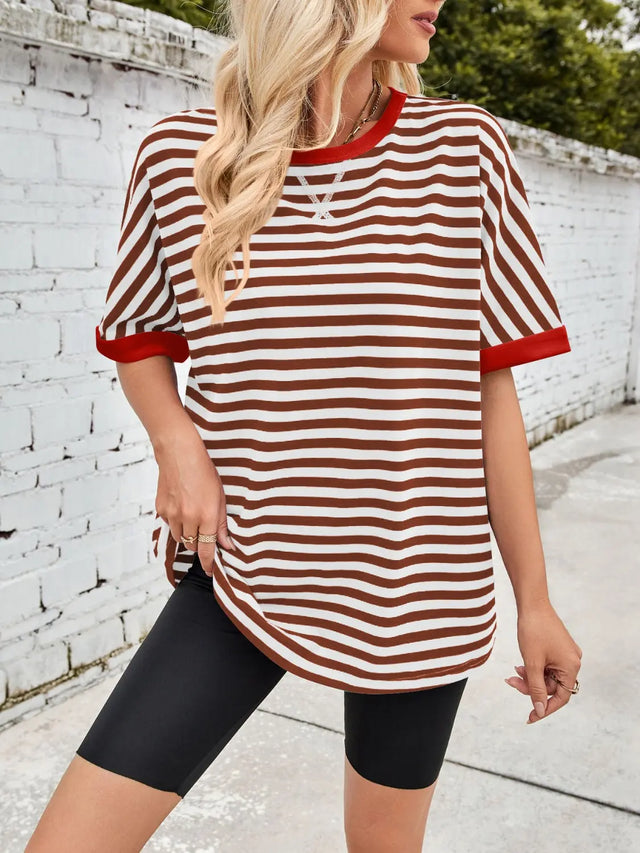 Lovelet Striped Round Neck Half Sleeve T-Shirt Trendsi Hanalas