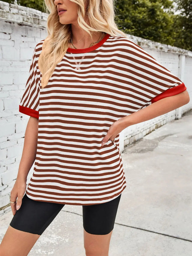 Lovelet Striped Round Neck Half Sleeve T-Shirt Trendsi Hanalas