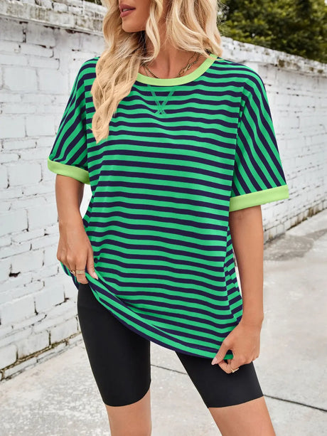 Lovelet Striped Round Neck Half Sleeve T-Shirt Trendsi Hanalas