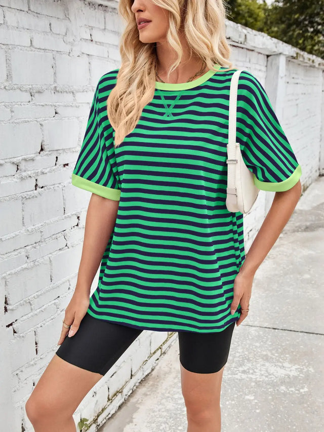 Lovelet Striped Round Neck Half Sleeve T-Shirt Trendsi Hanalas