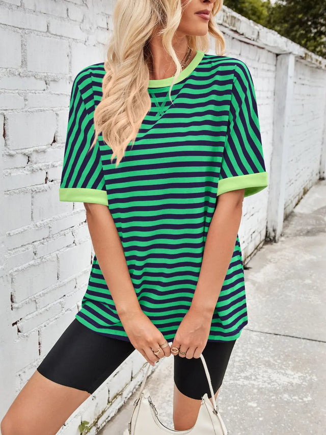 Lovelet Striped Round Neck Half Sleeve T-Shirt Trendsi Hanalas