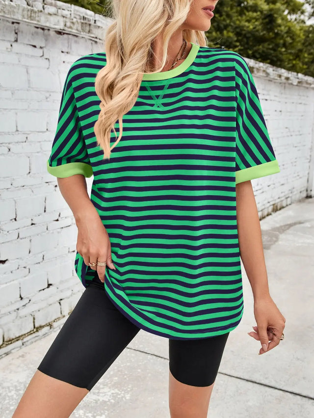 Lovelet Striped Round Neck Half Sleeve T-Shirt Trendsi Hanalas