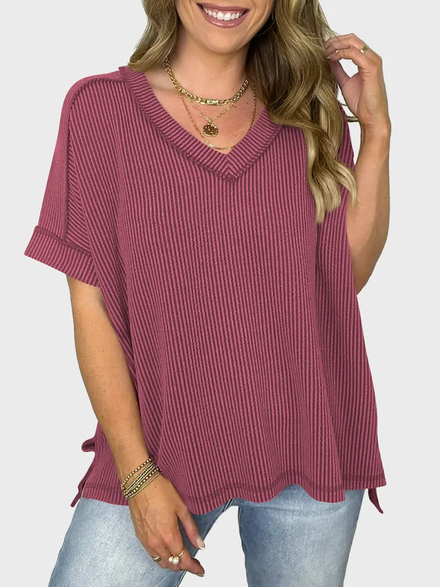 Lovelet Texture V-Neck Half Sleeve T-Shirt Trendsi Hanalas