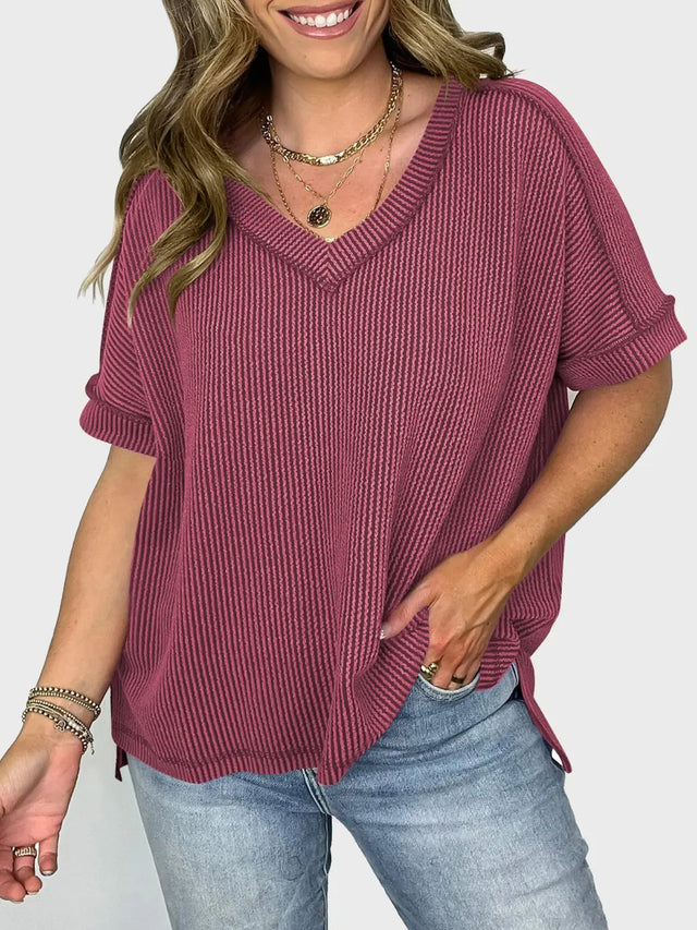 Lovelet Texture V-Neck Half Sleeve T-Shirt Trendsi Hanalas