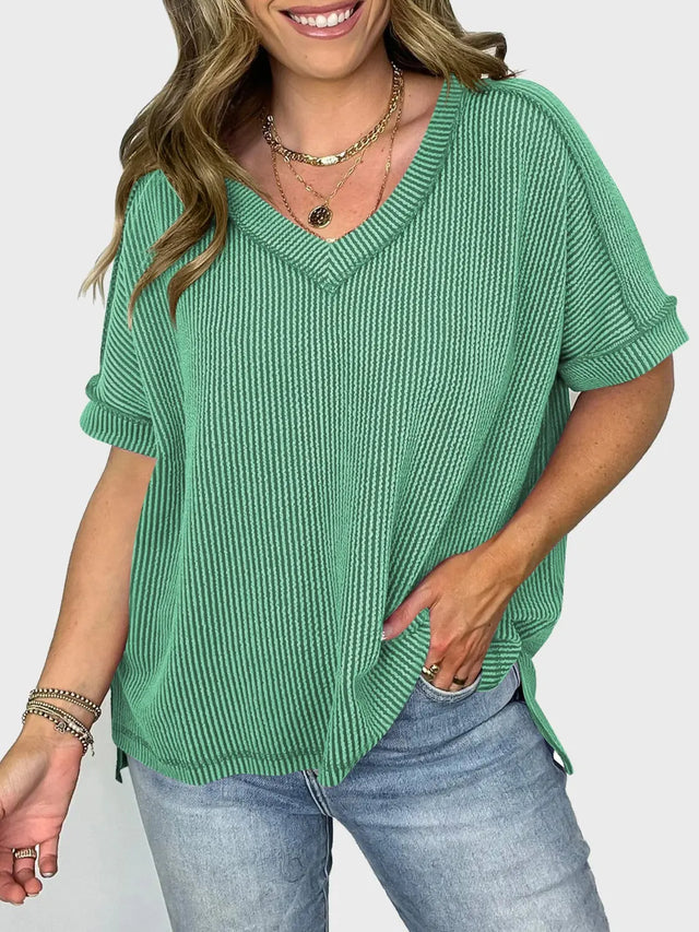 Lovelet Texture V-Neck Half Sleeve T-Shirt Trendsi Hanalas