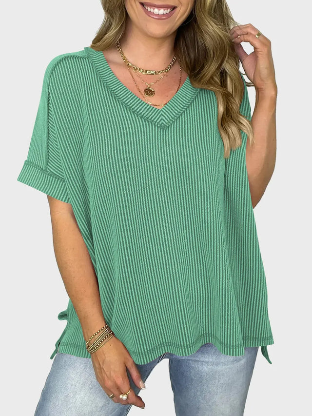 Lovelet Texture V-Neck Half Sleeve T-Shirt Trendsi Hanalas