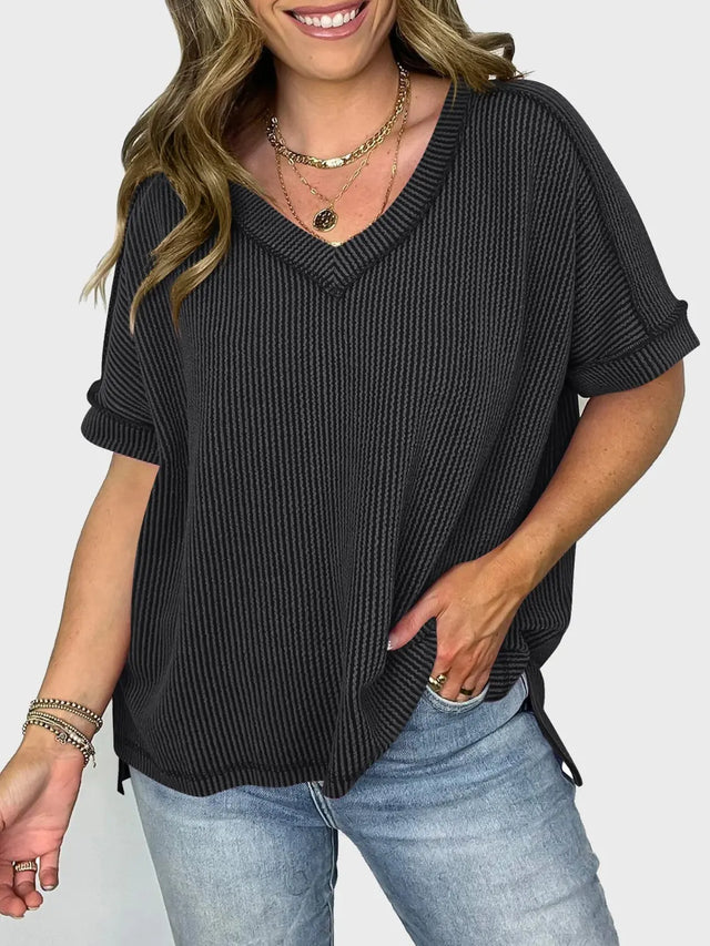 Lovelet Texture V-Neck Half Sleeve T-Shirt Trendsi Hanalas