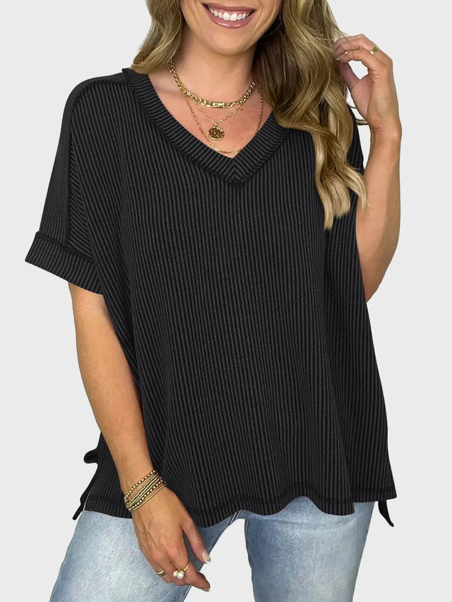 Lovelet Texture V-Neck Half Sleeve T-Shirt Trendsi Hanalas