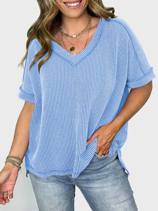 Lovelet Texture V-Neck Half Sleeve T-Shirt Trendsi Hanalas