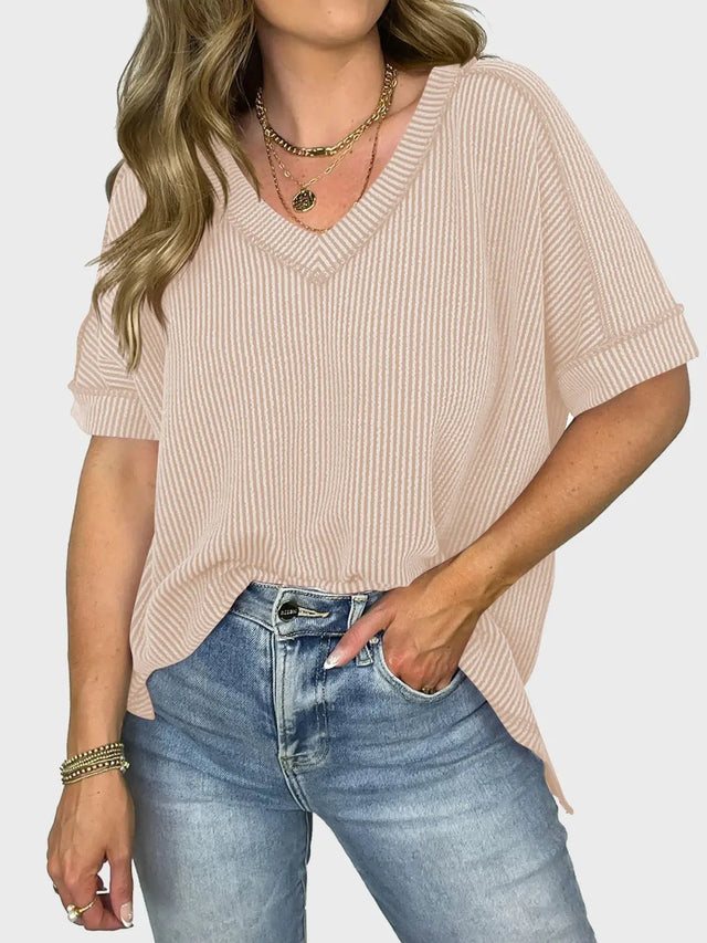 Lovelet Texture V-Neck Half Sleeve T-Shirt Trendsi Hanalas