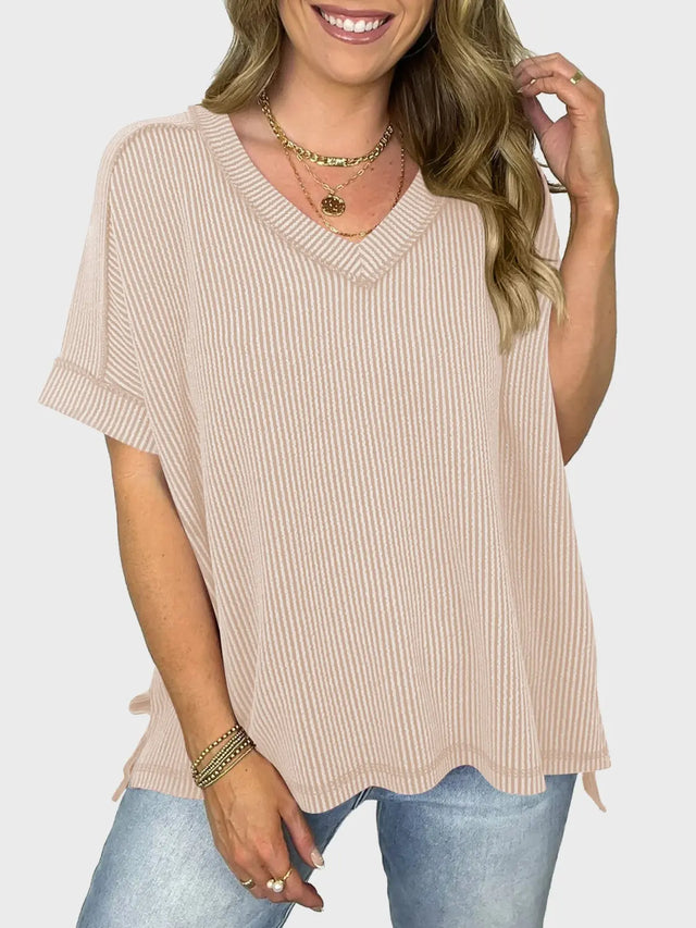 Lovelet Texture V-Neck Half Sleeve T-Shirt Trendsi Hanalas