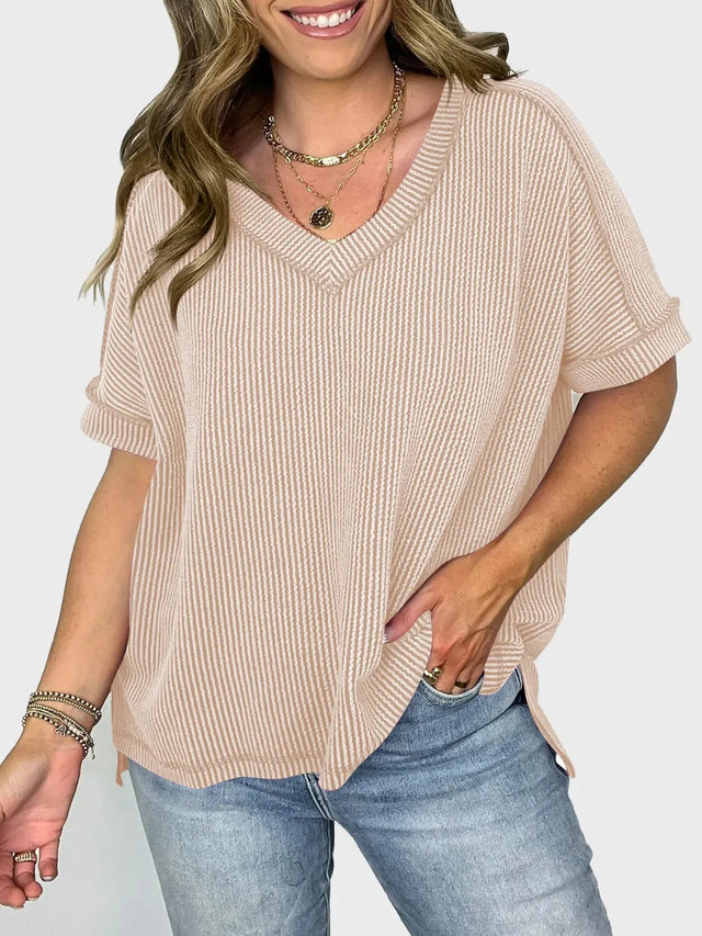 Lovelet Texture V-Neck Half Sleeve T-Shirt Trendsi Hanalas