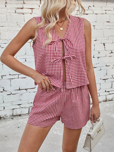 Lovelet Tied Plaid V-Neck Vest and Shorts Set | Hanalas