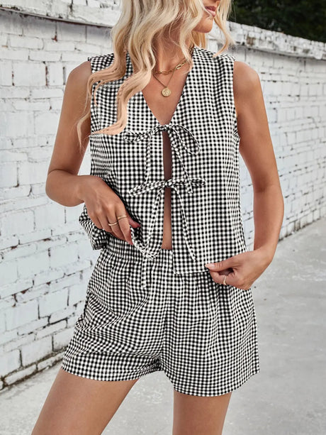 Lovelet Tied Plaid V-Neck Vest and Shorts Set | Hanalas
