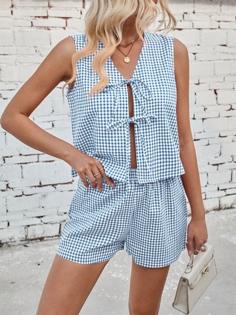 Lovelet Tied Plaid V-Neck Vest and Shorts Set | Hanalas