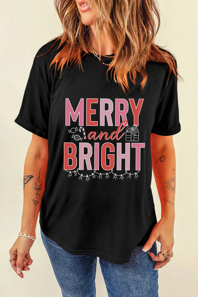 MERRY AND BRIGHT Round Neck Short Sleeve T-Shirt Trendsi Hanalas