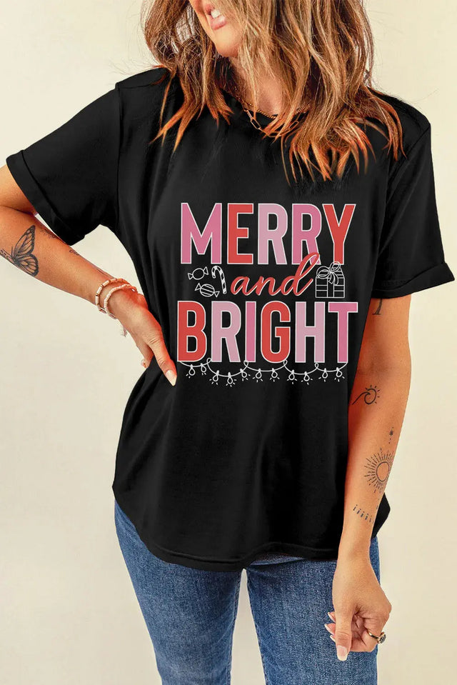 MERRY AND BRIGHT Round Neck Short Sleeve T-Shirt Trendsi Hanalas