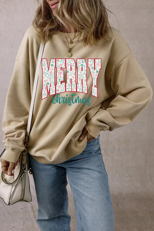 MERRY CHRISTMAS Round Neck Long Sleeve Sweatshirt Trendsi Hanalas