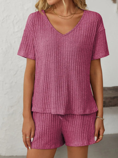 Mandy V-Neck Short Sleeve Top and Shorts Set | Hanalas