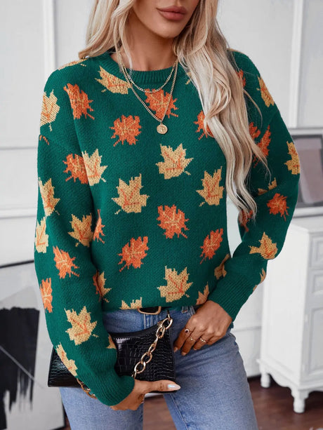 Maple Leaf Round Neck Long Sleeve Sweater Trendsi Hanalas