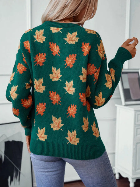 Maple Leaf Round Neck Long Sleeve Sweater Trendsi Hanalas