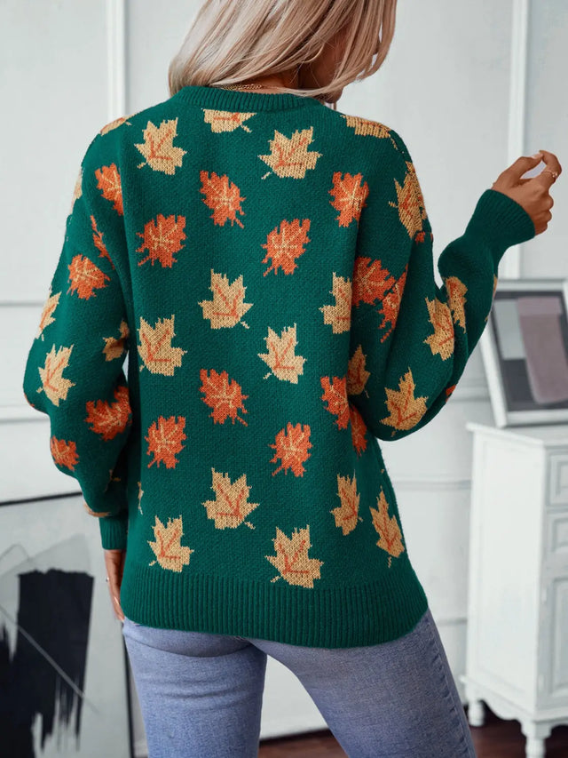 Maple Leaf Round Neck Long Sleeve Sweater Trendsi Hanalas