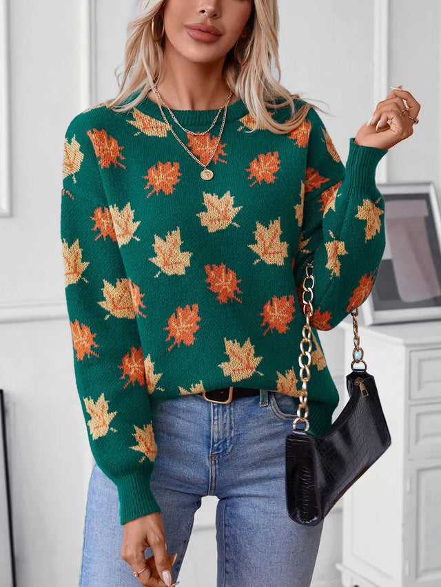 Maple Leaf Round Neck Long Sleeve Sweater Trendsi Hanalas